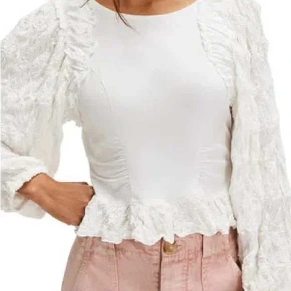 Free People Oliva Cream Ruffle-Trim Long Sleeve Blouse - Picture 9 of 11